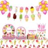 Ice Cream Paper Plates Summer Watercolor Dessert Popsicle Party Plates and Napkins Party Supplie Birthday Disposable Tableware Set Dinnerware Serves 8